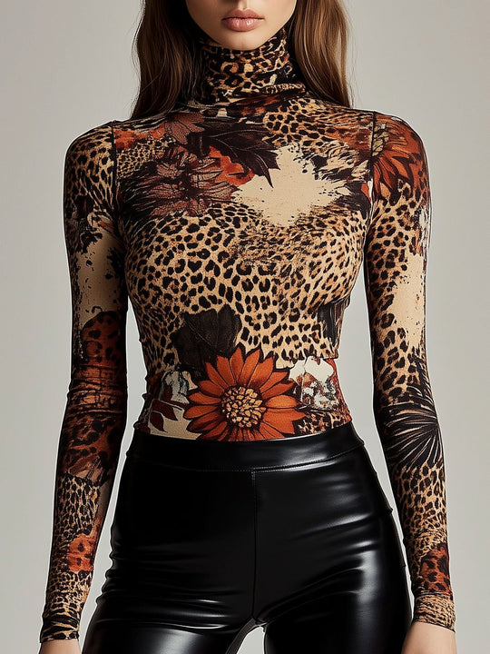 Retro Leopard Patchwork Pattern Turtleneck T-shirt