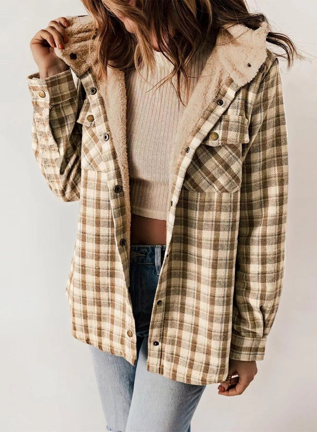 Retro Plaid Woolen Lamb Fleece Lined Thickened Hoodie Jacket