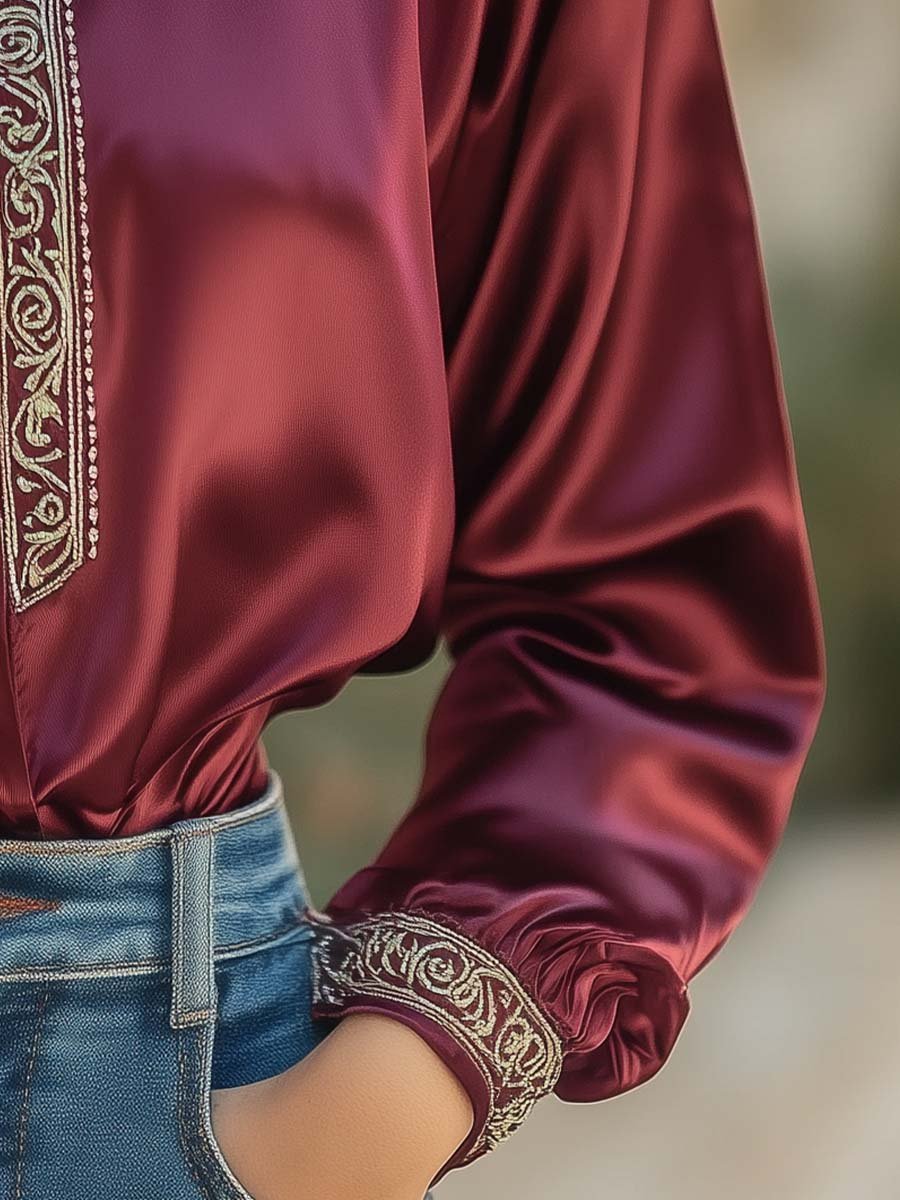 Women's Baroque Embroidery Long Sleeve Satin Shirt