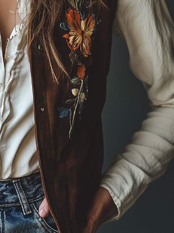 Women's Vintage Suede Embroidered Vest