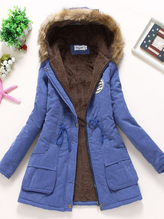 Casual Fur Collar Lambskin Plus Velvet Thickened Loose Mid-length Cotton Coat