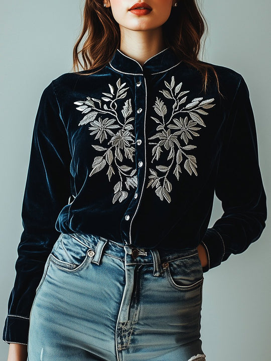 Stylish Silver leaves Embroidery Single-breasted Velvet Shirt