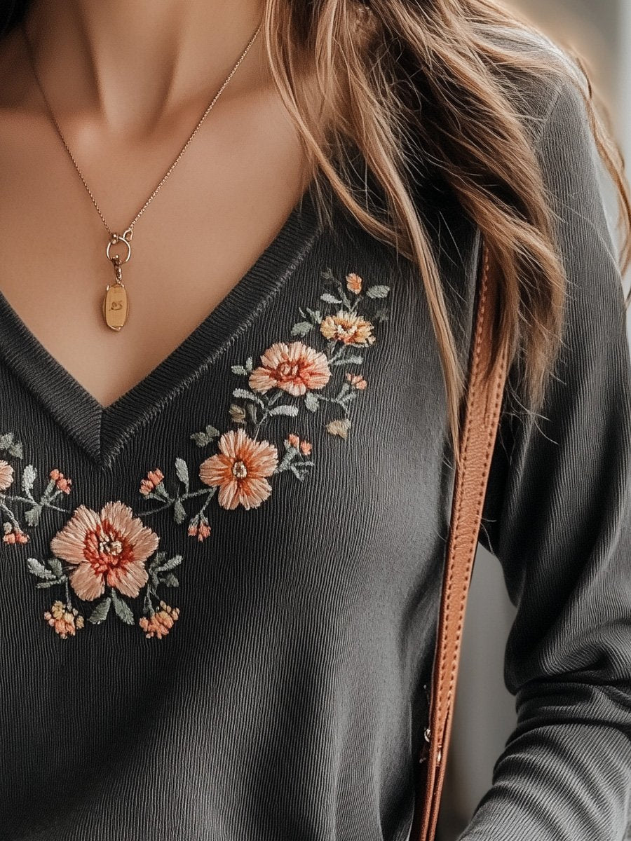 Casual V-neck Cotton Floral Embroidered Long-sleeved Top