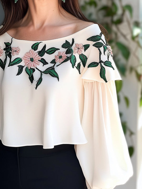 Off-Shoulder Floral Embroidered Blouse with Romantic Charm