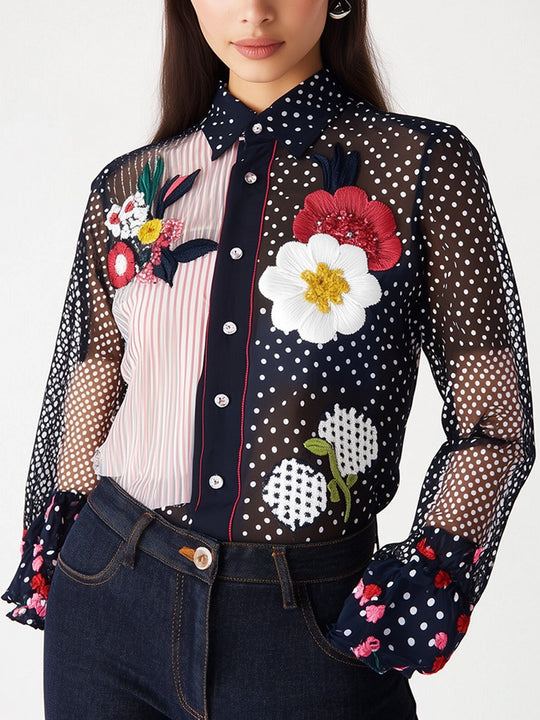 Playful Polka Dot See-through Floral Lined Long-sleeved Shirt