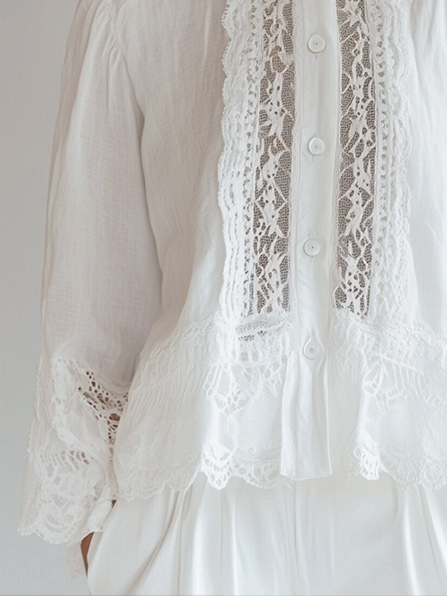 White Stand Collar Lace Hollow Cotton and Linen Long-sleeved Shirt