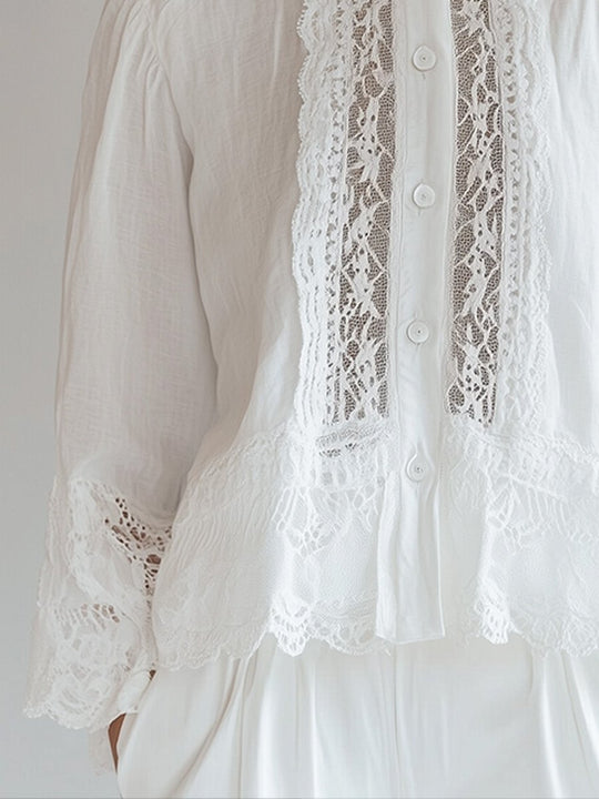 White Stand Collar Lace Hollow Cotton and Linen Long-sleeved Shirt