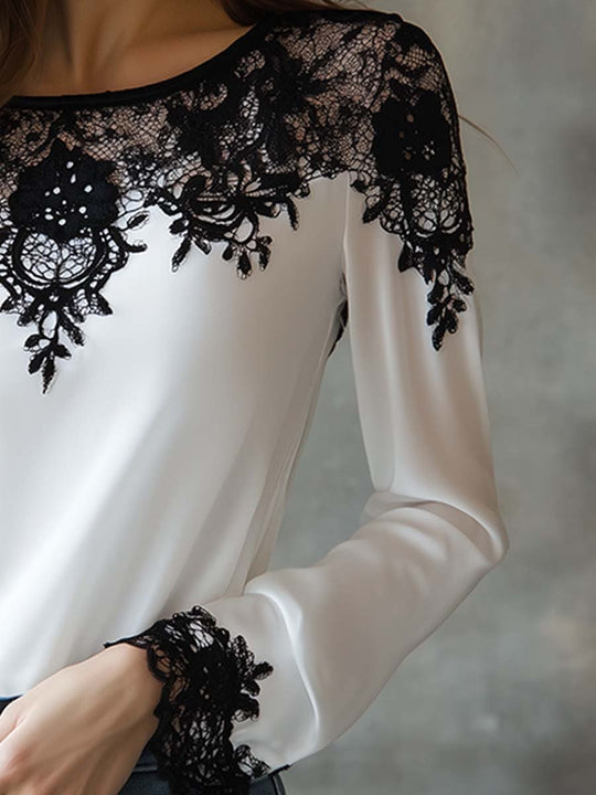 Timeless Elegance Black Lace Contrast Blouse