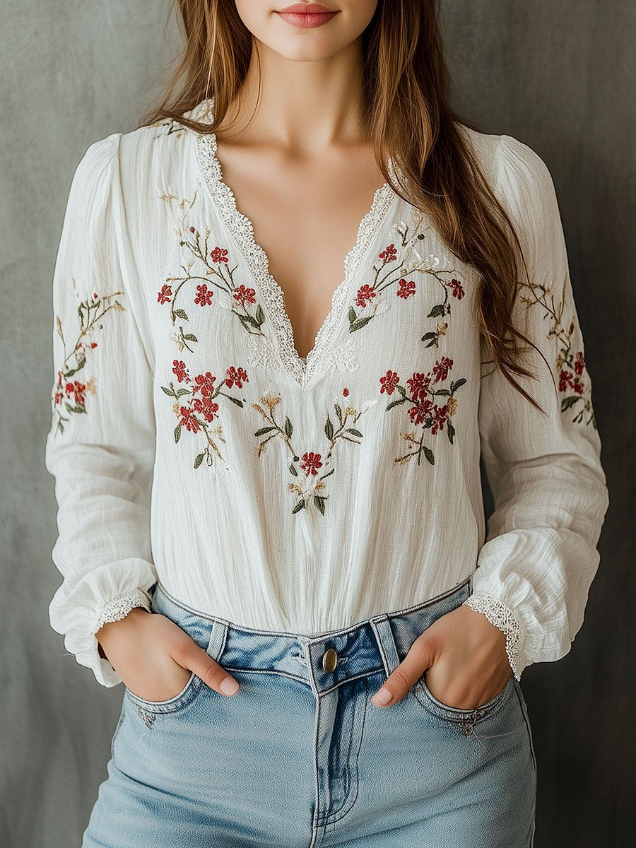 Boho Lace Trim Embroidery Cotton and Linen Blouse