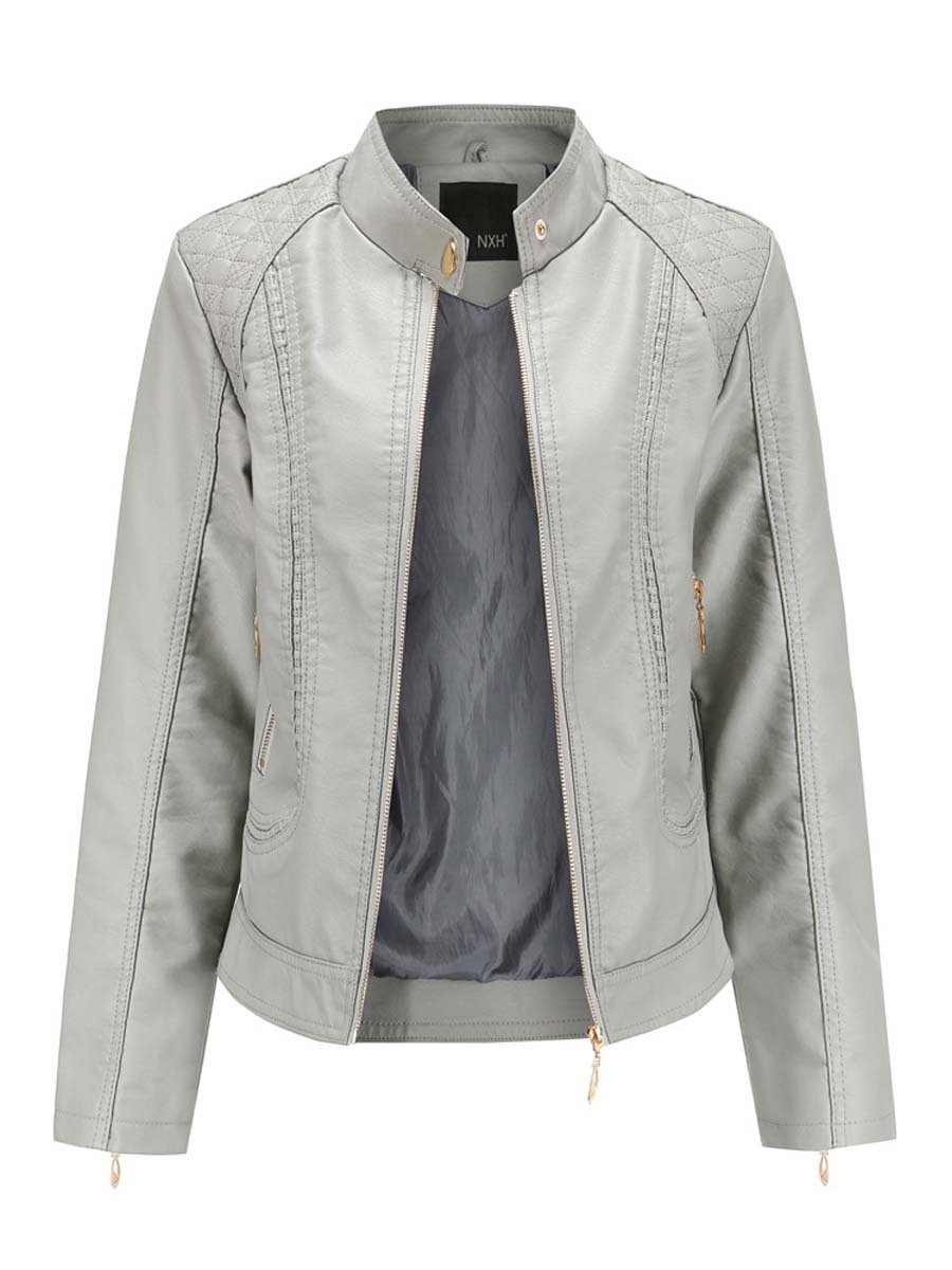 Women's Stand Collar Diamond Leather Biker Jacket