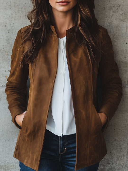 Women Stand Collar Side Pockets Suede Jacket