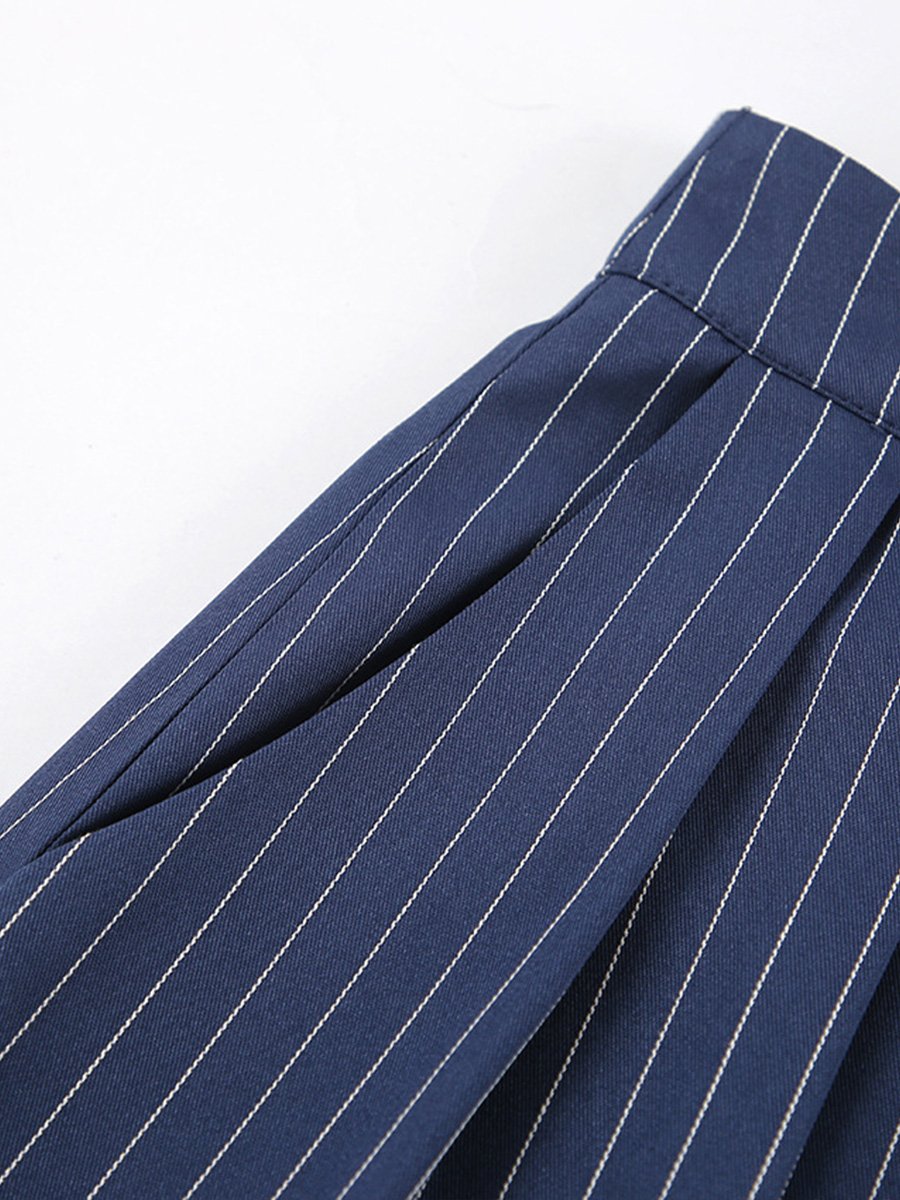 Casual Navy Blue Striped Wide-leg Pants