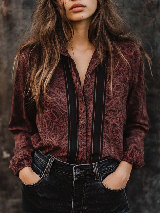 Women's Vintage Long Sleeve Paisley Stripe Shirt