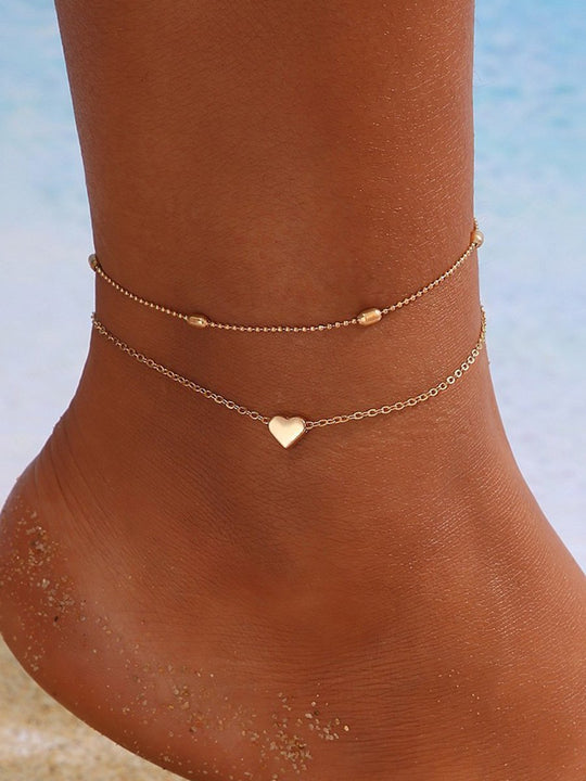 Retro Simple Round Bead Double Layer Love Heart Anklet