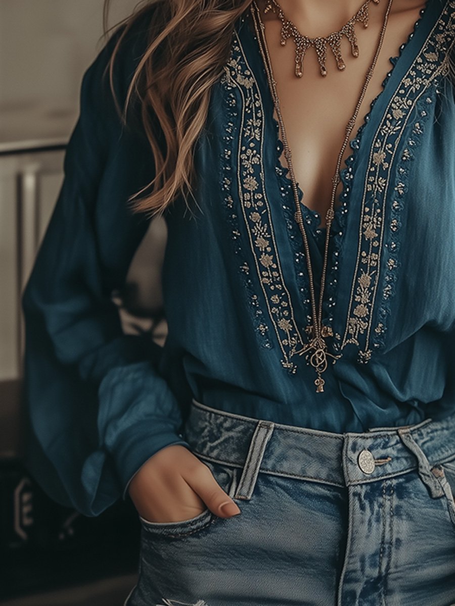 Boho-Chic Deep V-Neck Embroidered Blouse