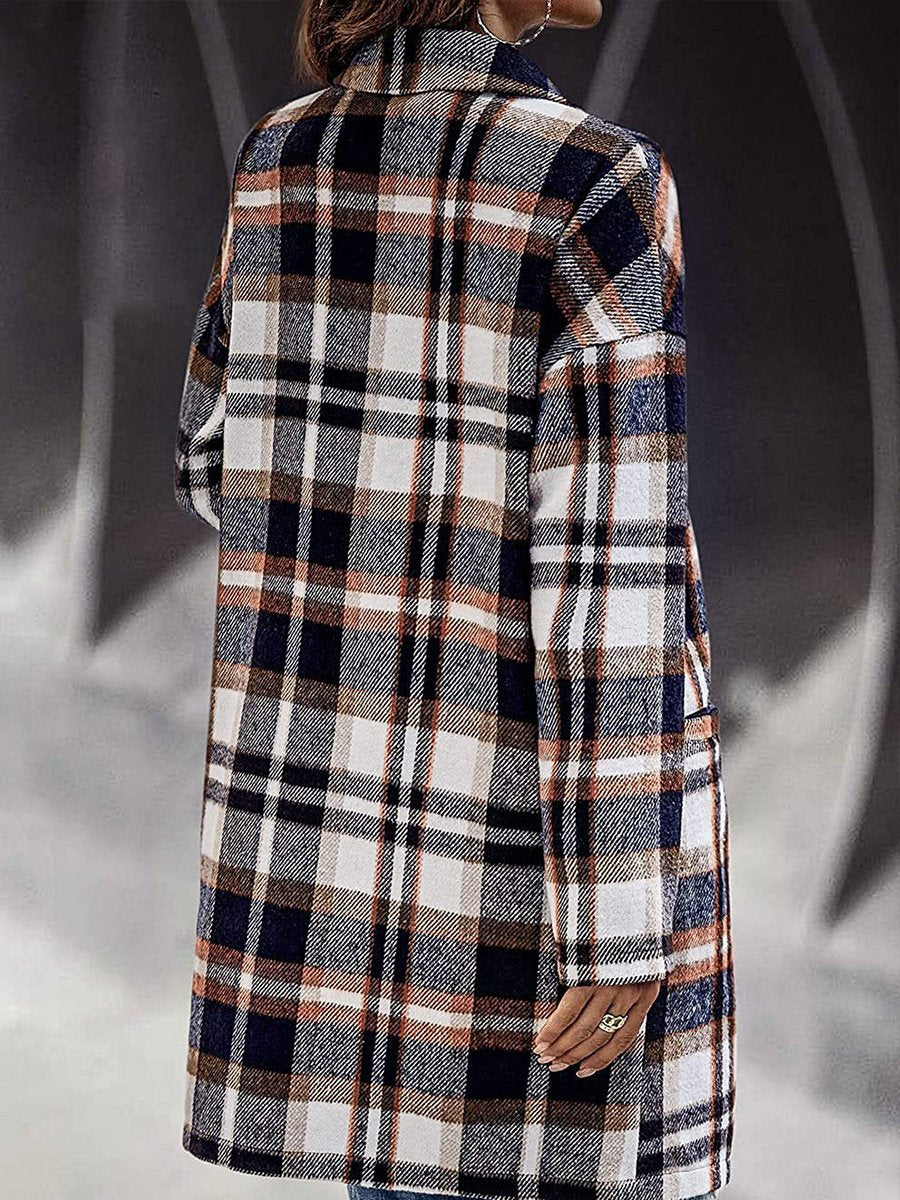 Ladies Lapel Pocket Plaid Wool Coat