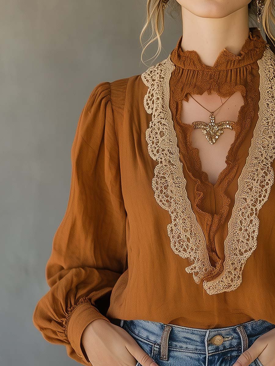 Vintage Lace-Trimmed Burnt Orange Blouse