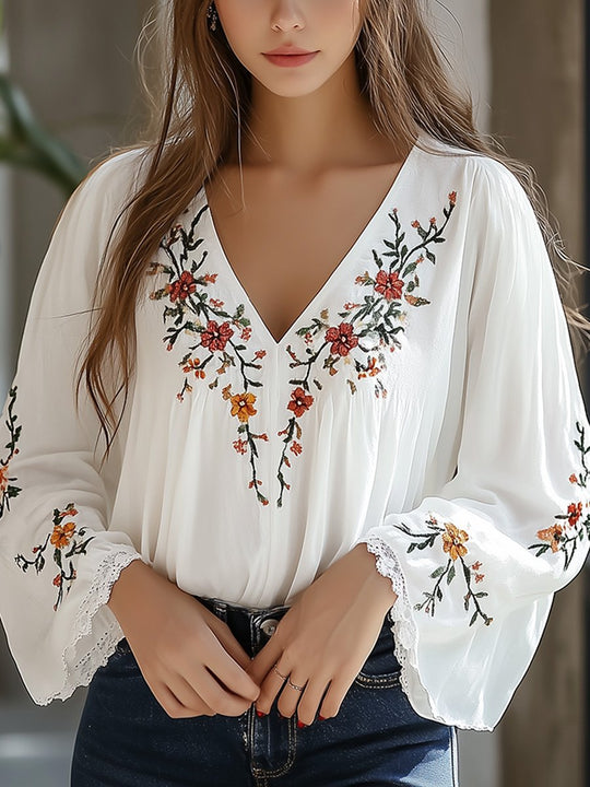 Boho Floral Embroidered V-Neck Blouse with Flared Sleeves