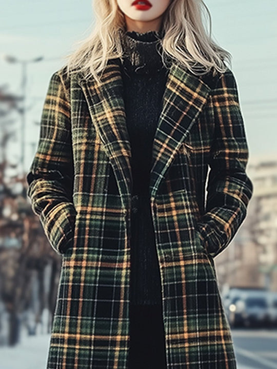 Chic Vintage Wool Check Midi Coat