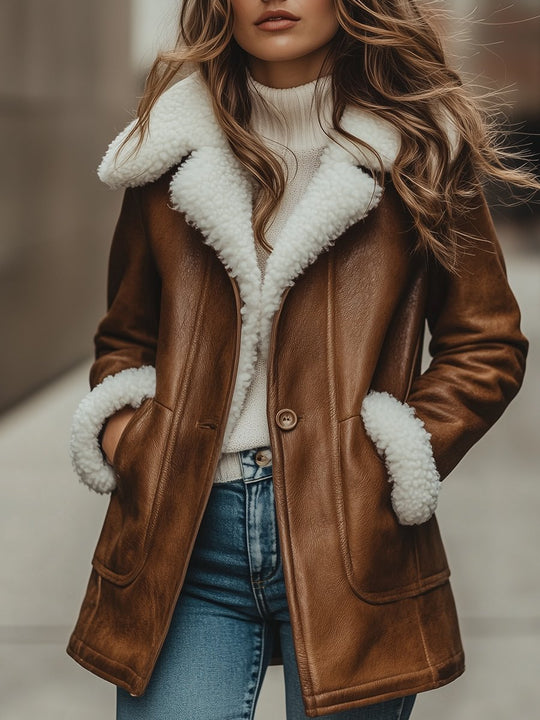 Chic Thick Sheepskin Lined Mid-length Leather Coat