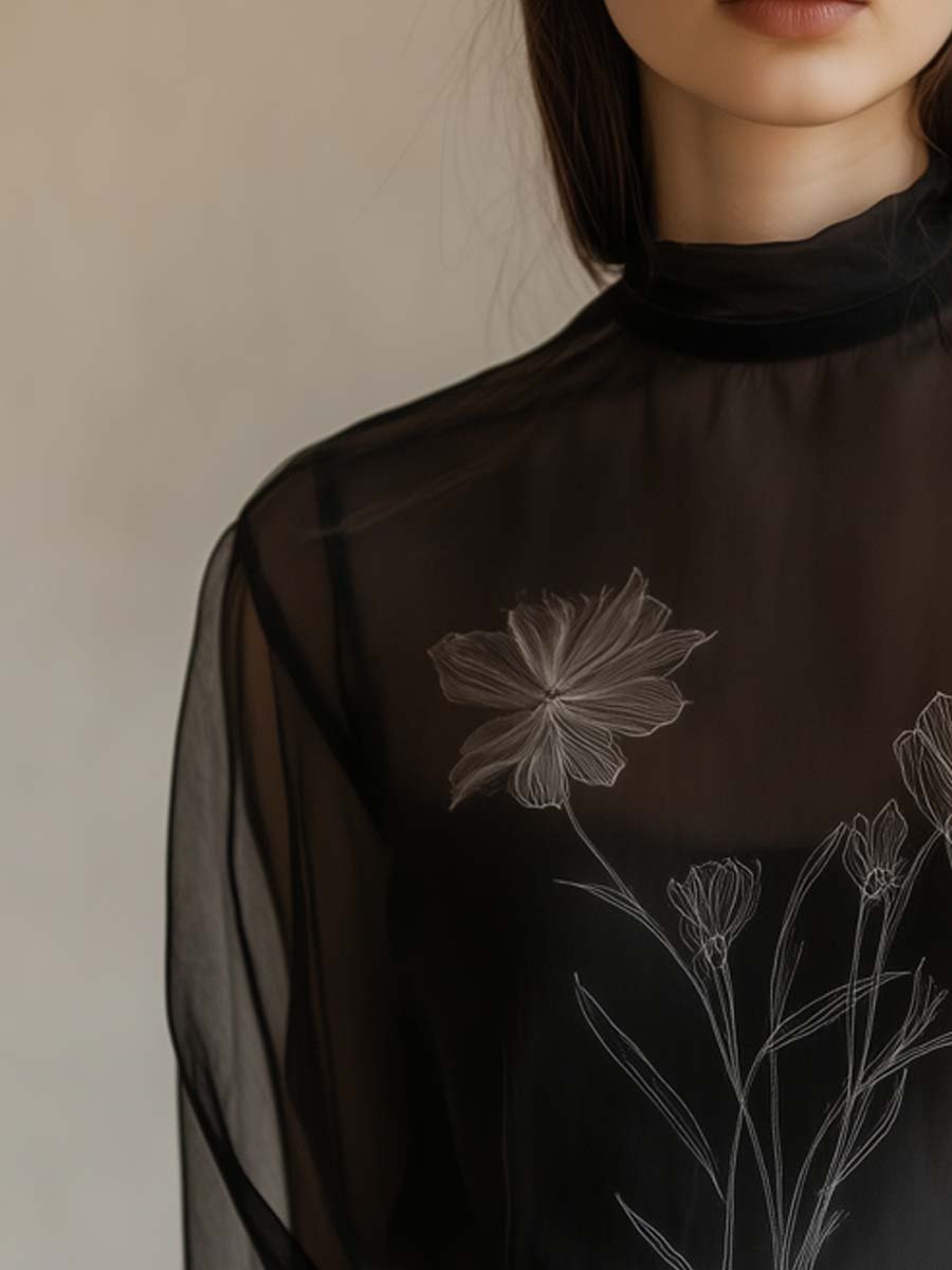 Sheer Black High-Neck Floral Blouse