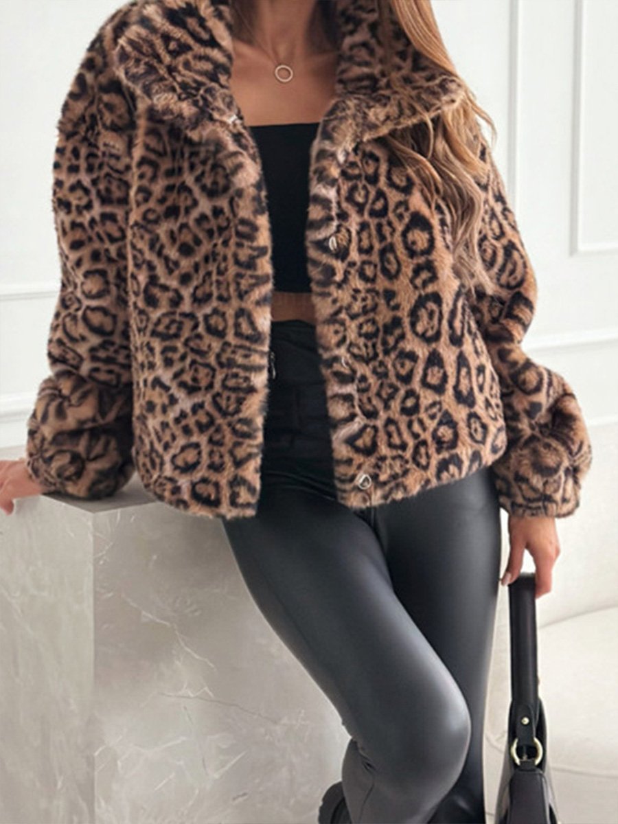 Fashionable Fur Leopard Print Lapel Short Coat