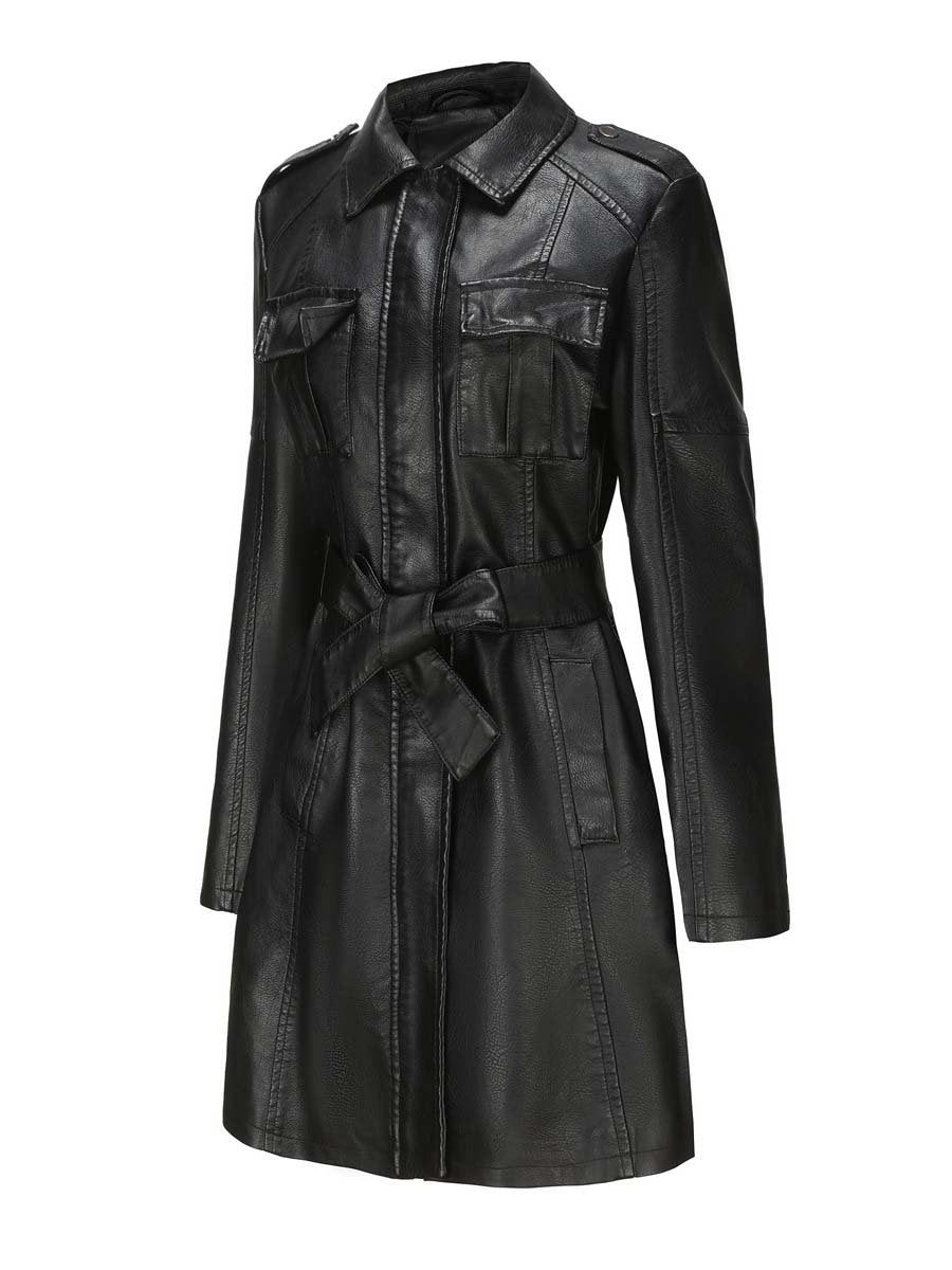 Women's Vintage Mid-Length Leather Coat With Belt