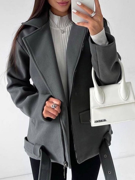 Belted Lapel Long-sleeved Woolen Coat