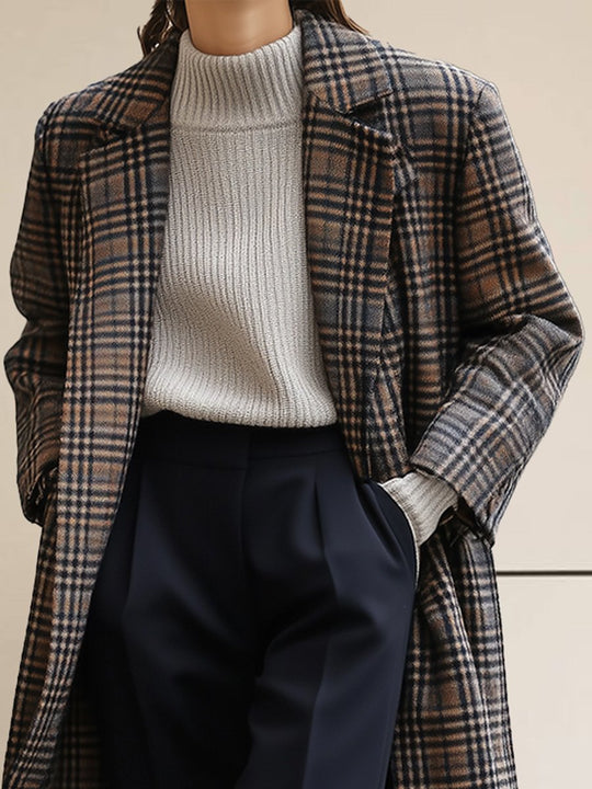 Stylish Plaid Wool Long Coat with Lapel