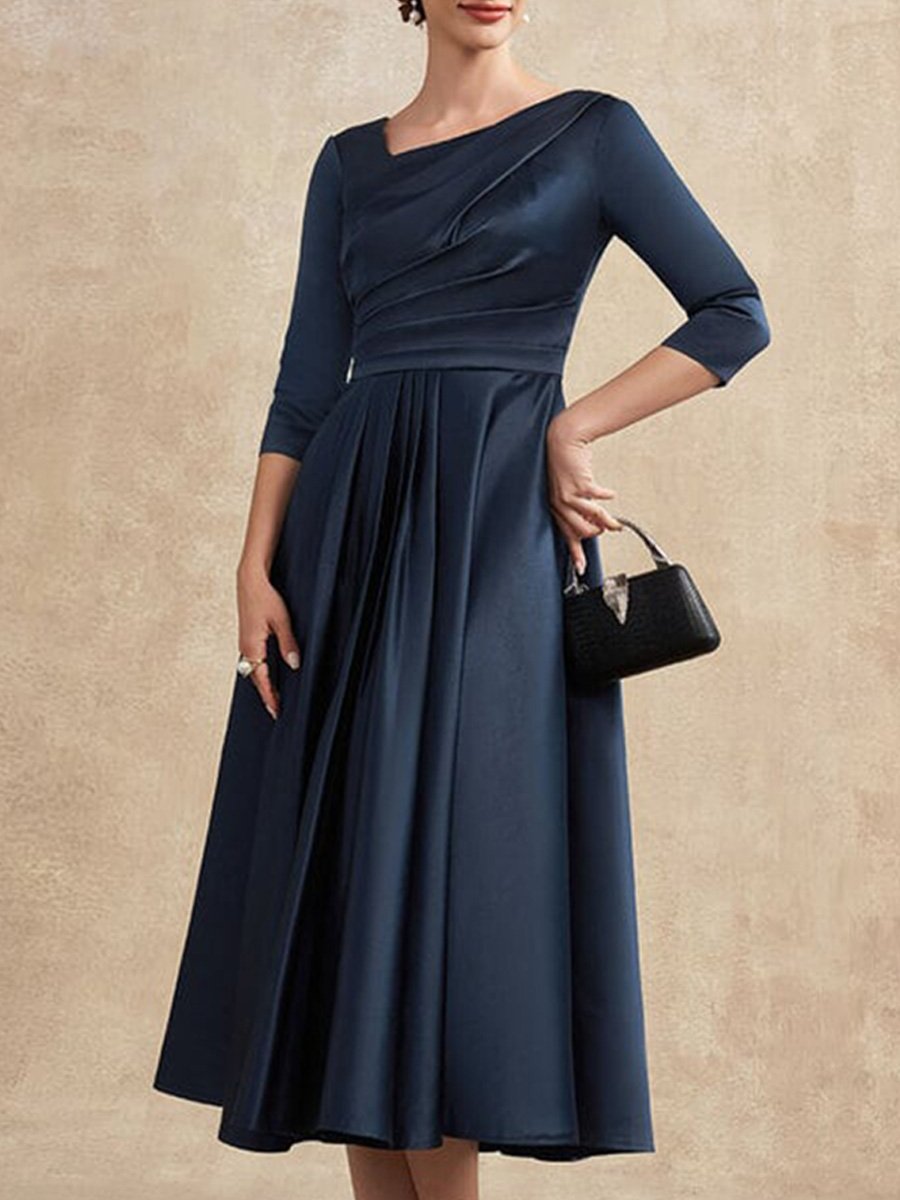 Asymmetrical A-Line Pleated Satin Midi Dress