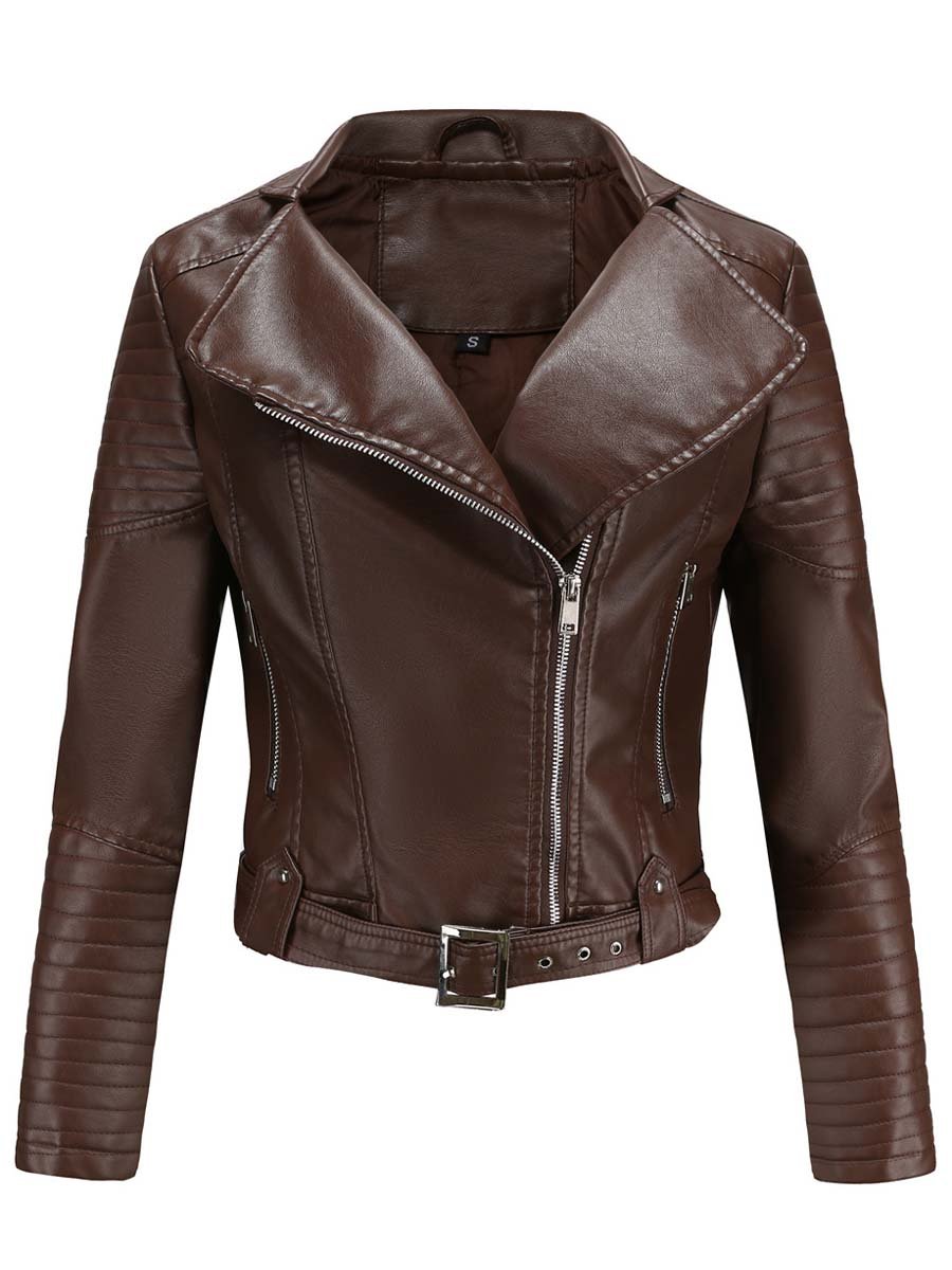 Women's Zippered Lapel Belt Leather Jacket Biker