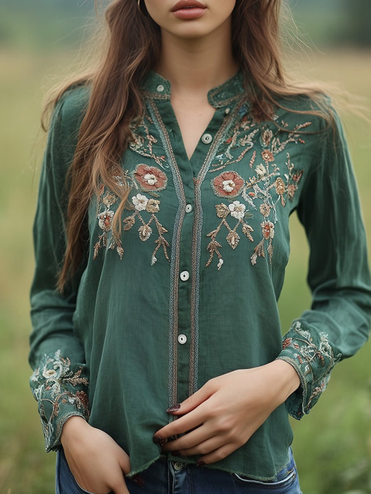 Bohemian Embroidered Button-Up Blouse