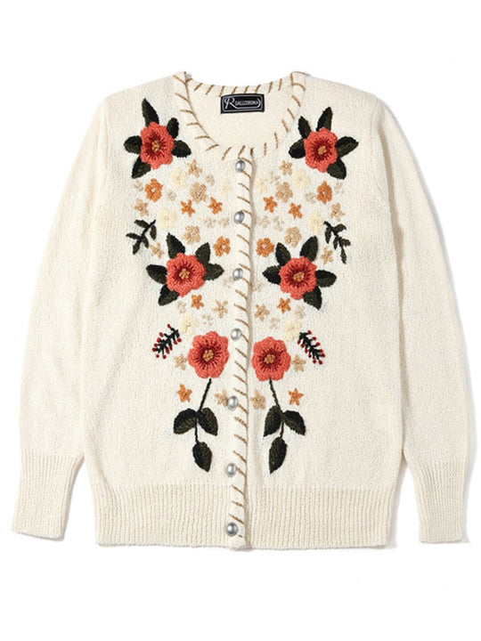 White Embroidered Wool Long Sleeve Cardigan