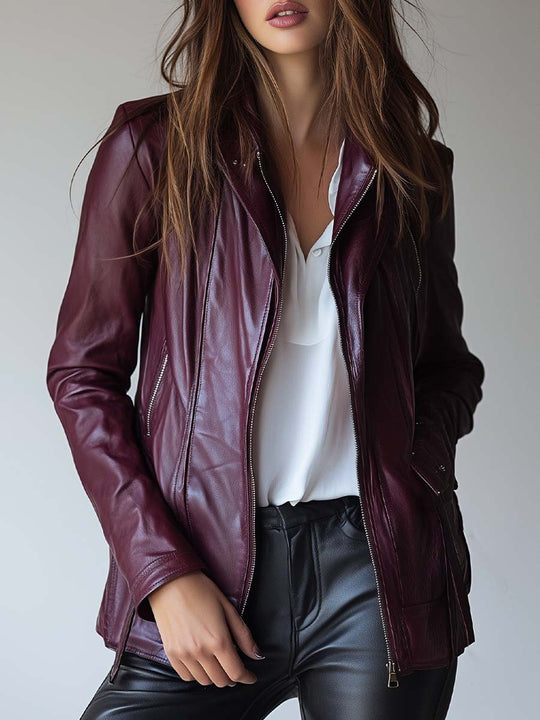 Women's Vintage Burgundy Zipper Leather Jacket