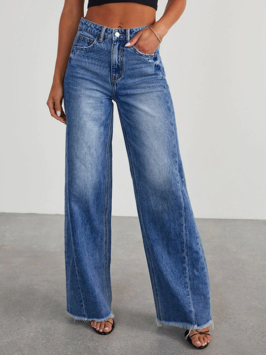 Casual Blue Stretch Denim Wide-leg Pants