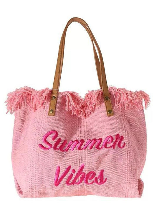 Embroidered Tassel Large Canvas Tote Bag