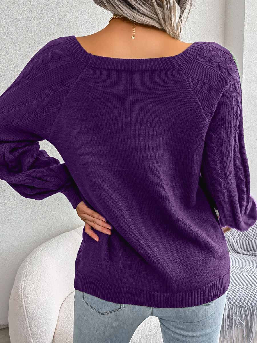 Square Neck Button Cable Knit Pullover