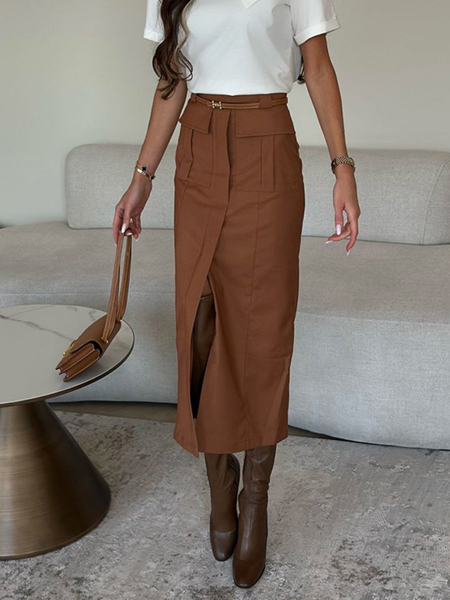 Women's Brown Slit Mid-length Skirt with Hip Skirt