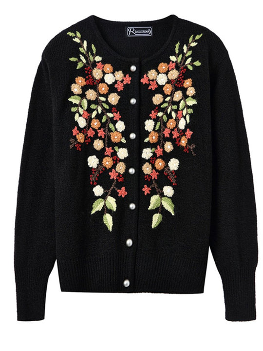 Hand-embroidered Crew Neck Wool Long-sleeved Cardigan