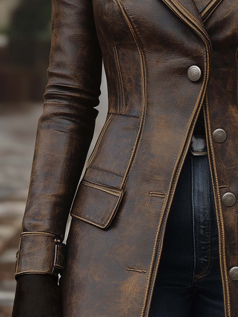 Vintage Lapel Button Leather Long Jacket