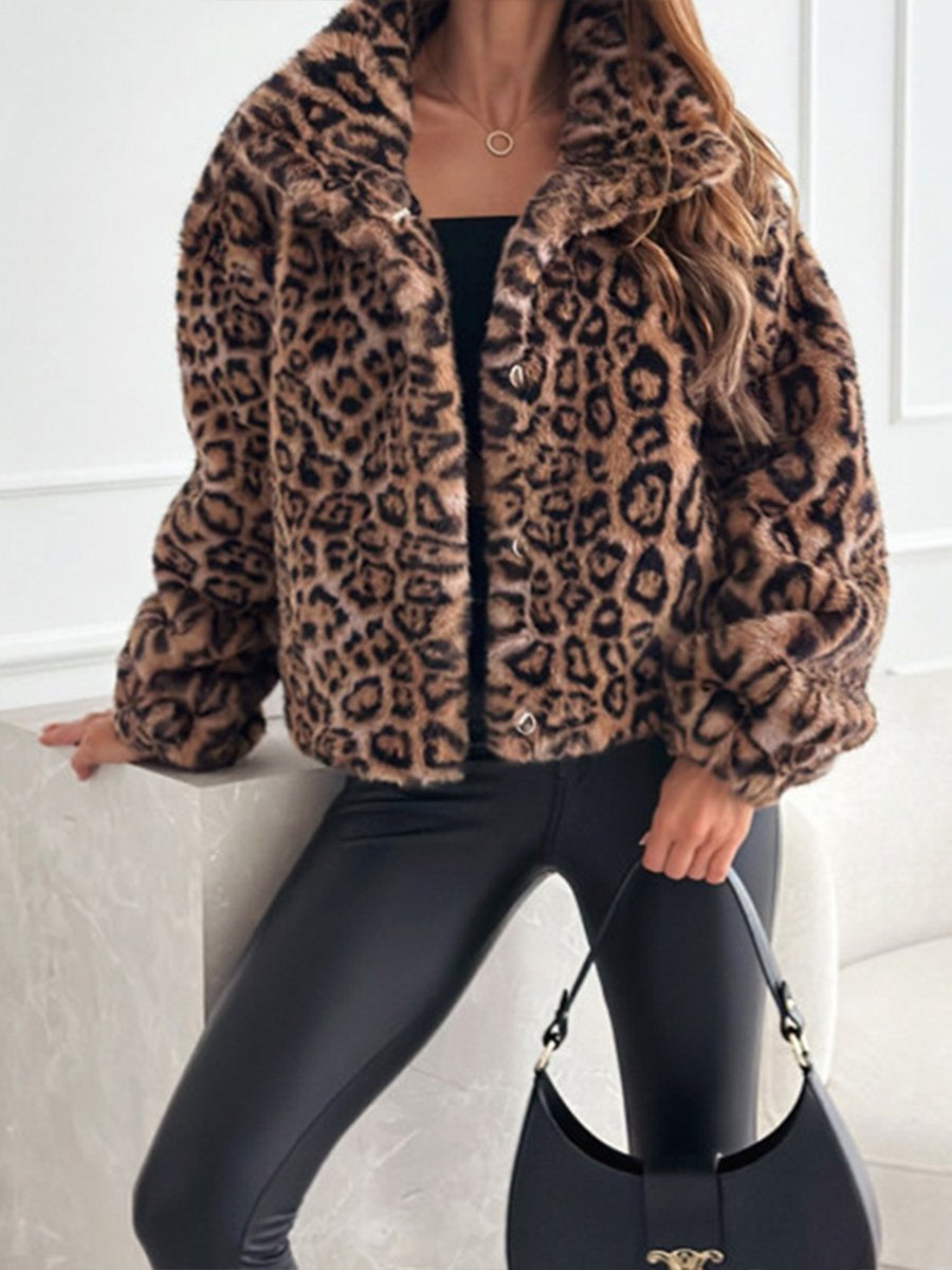 Fashionable Fur Leopard Print Lapel Short Coat