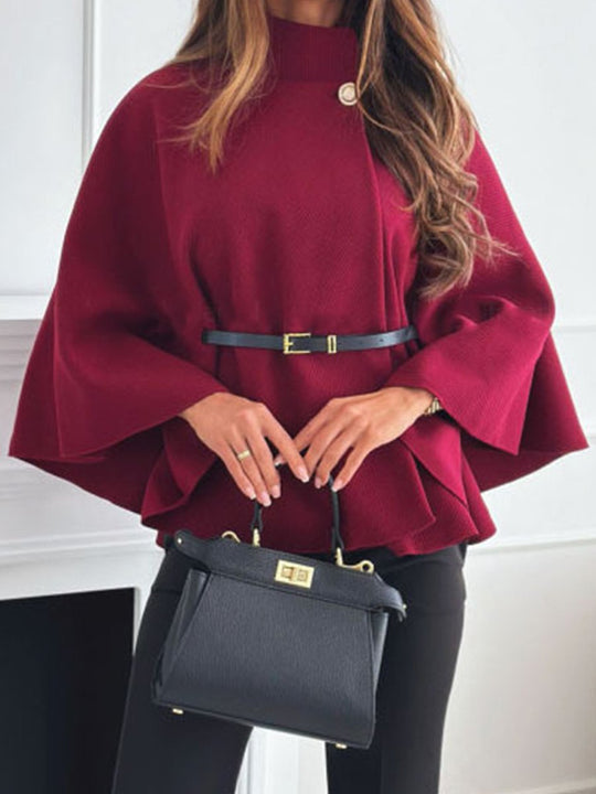 Solid Color Fashionable Casual Waist-binding Woolen Cape Coat