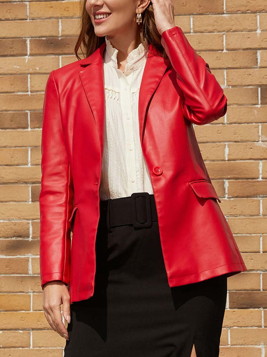 Women's Single Button Leather Blazer