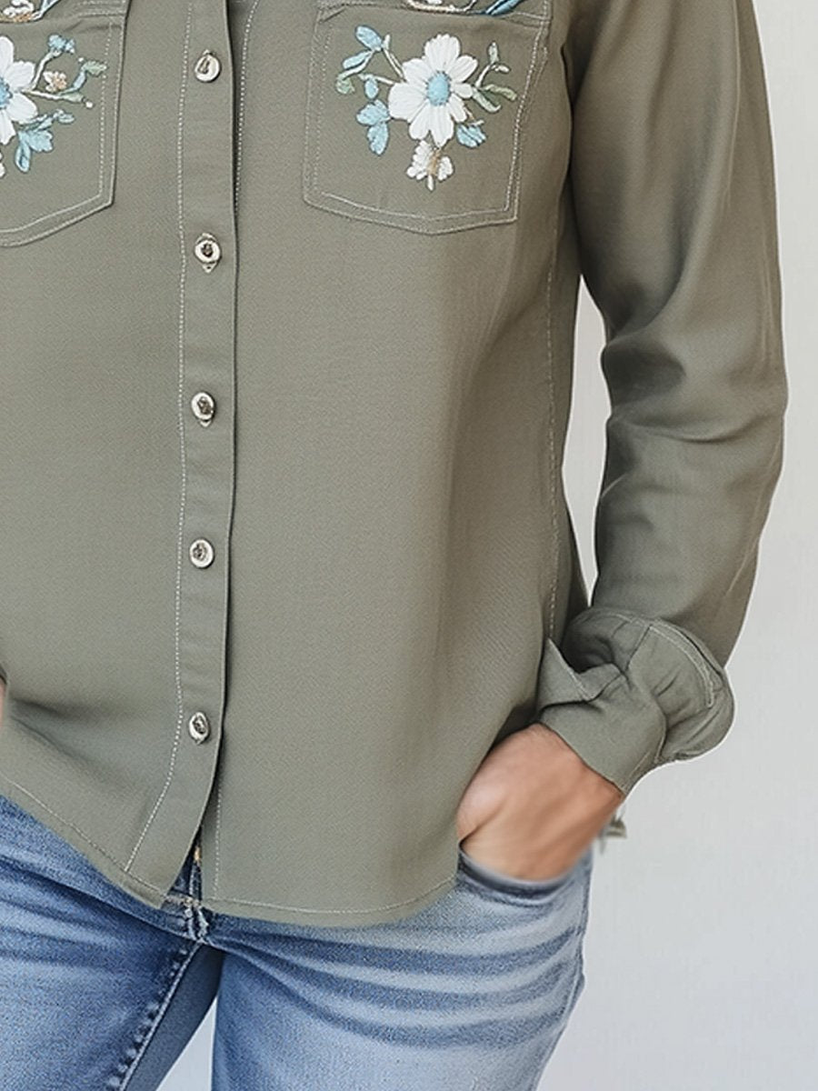 Fashion Retro Floral Embroidery Distressed Washed Work Shirt