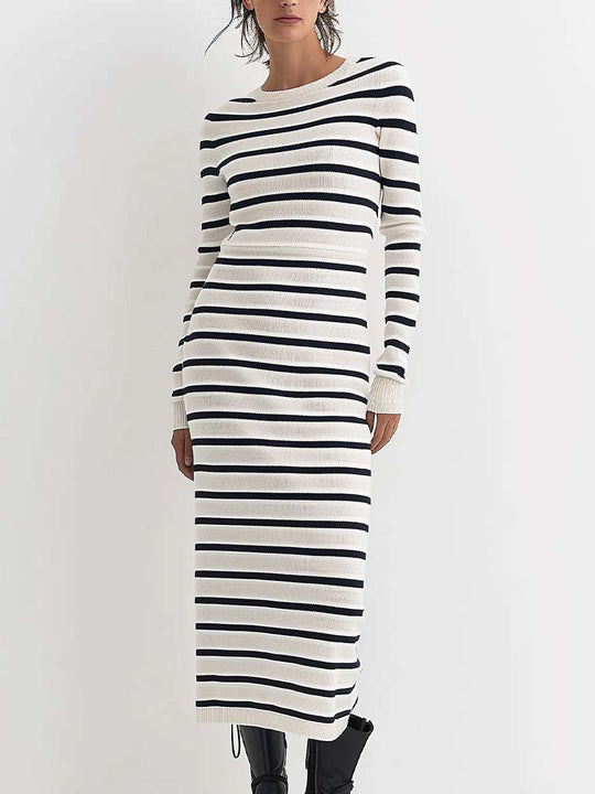 Women's Retro Long-Sleeved Striped Knitted Maxi Dress