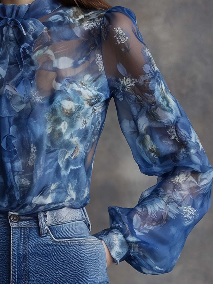 Ocean Dream Sheer Blue Floral Blouse