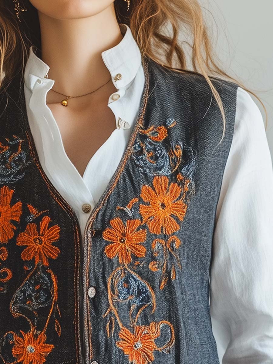 Dark Linen Floral Embroidered Button-Up Vest