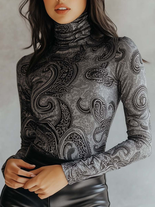 Women's Vintage Paisley Turtleneck Long Sleeves T-Shirt