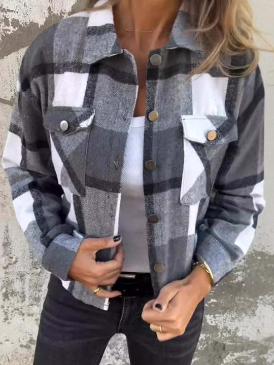 Women's Long Sleeve Lapel Plaid Loose Single Breasted Jacket