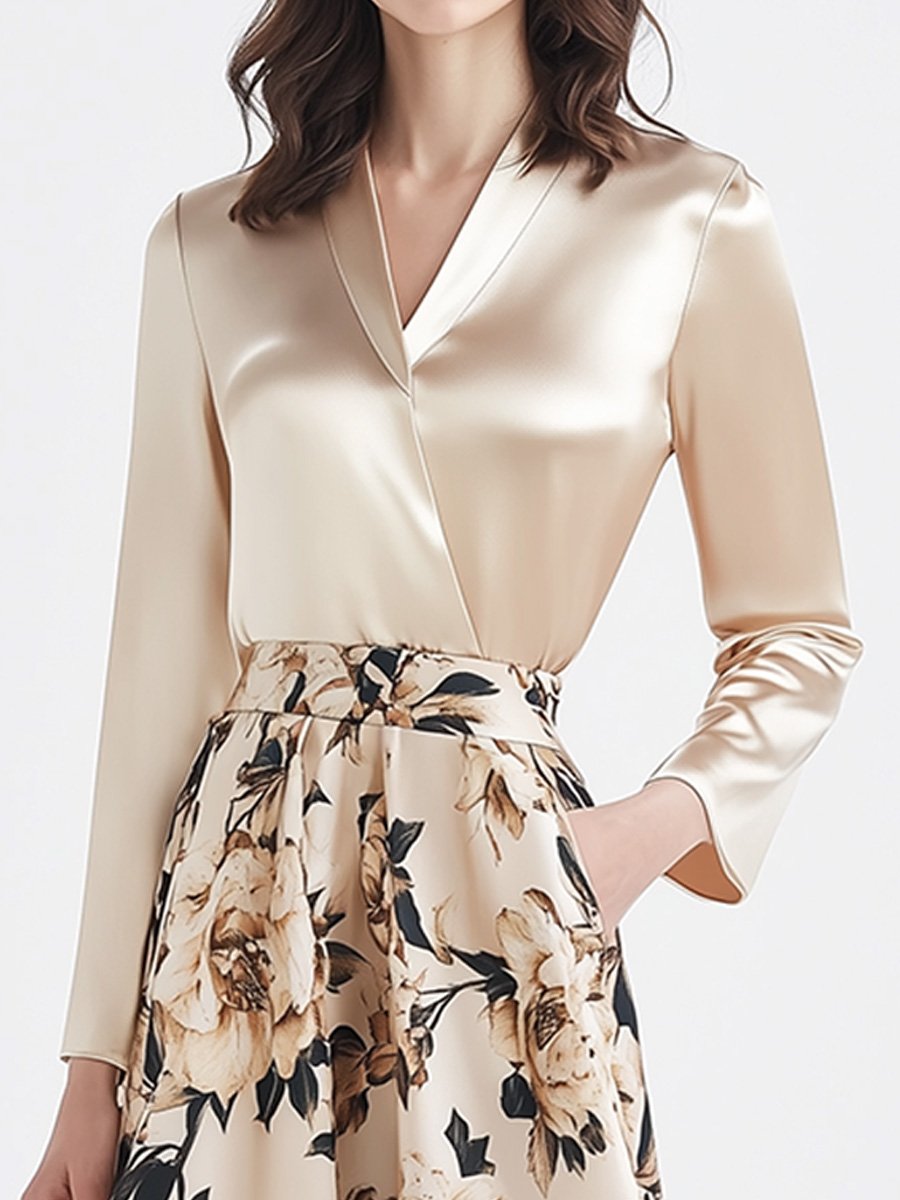 Graceful Satin Wrap Blouse Floral A-Line Skirt